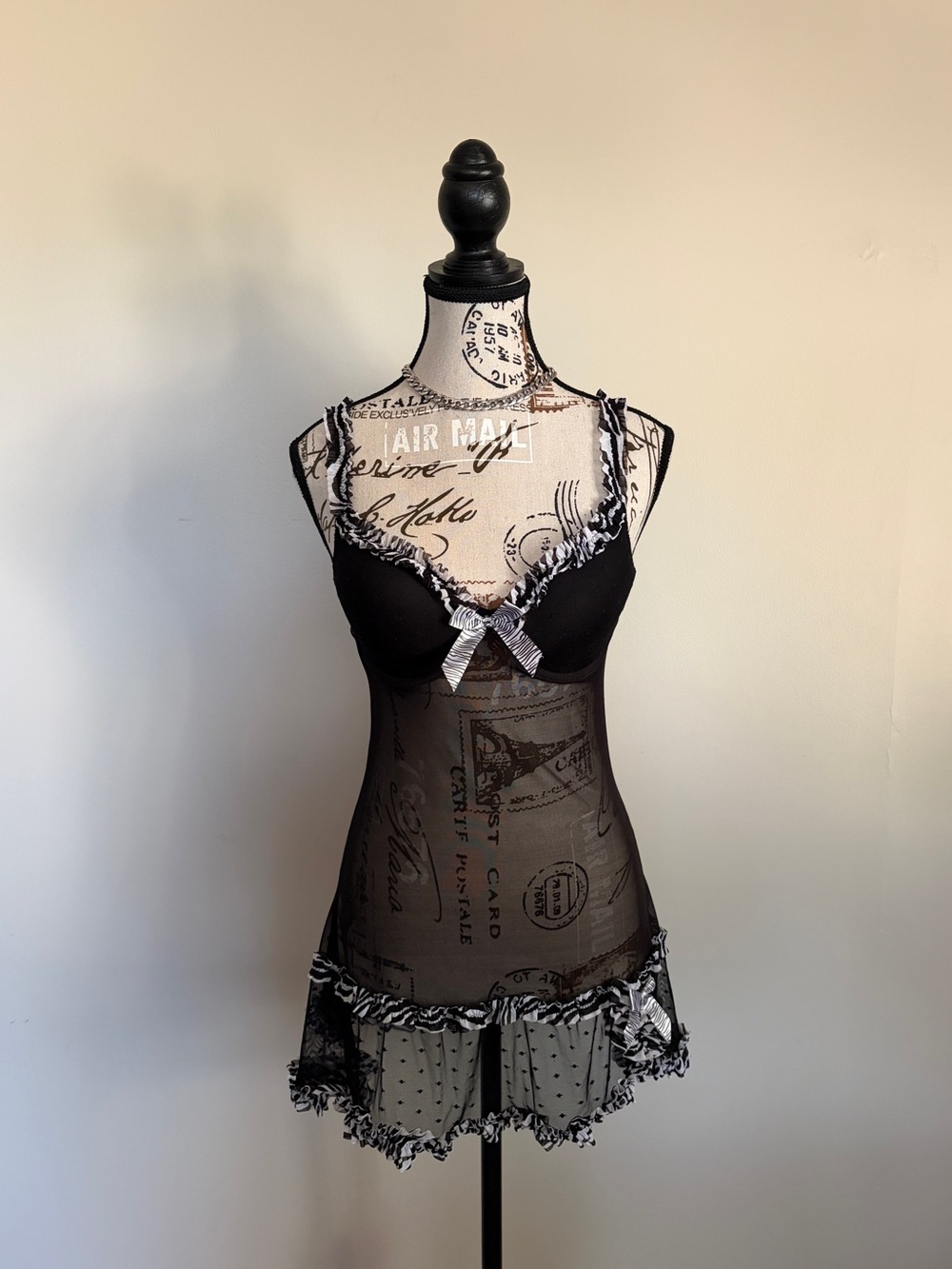 Y2K vintage whimsigoth zebra trim black sheer lingerie chemise